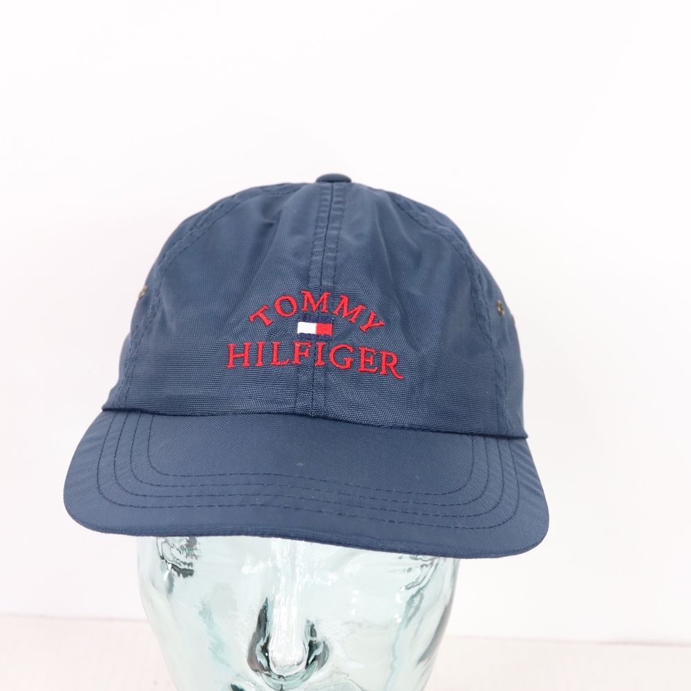 90s Tommy Hilfiger Spell Out Buckle Strap Hat Blue
